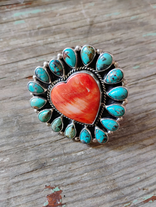 Adjustable Native signed turquoise heart ring