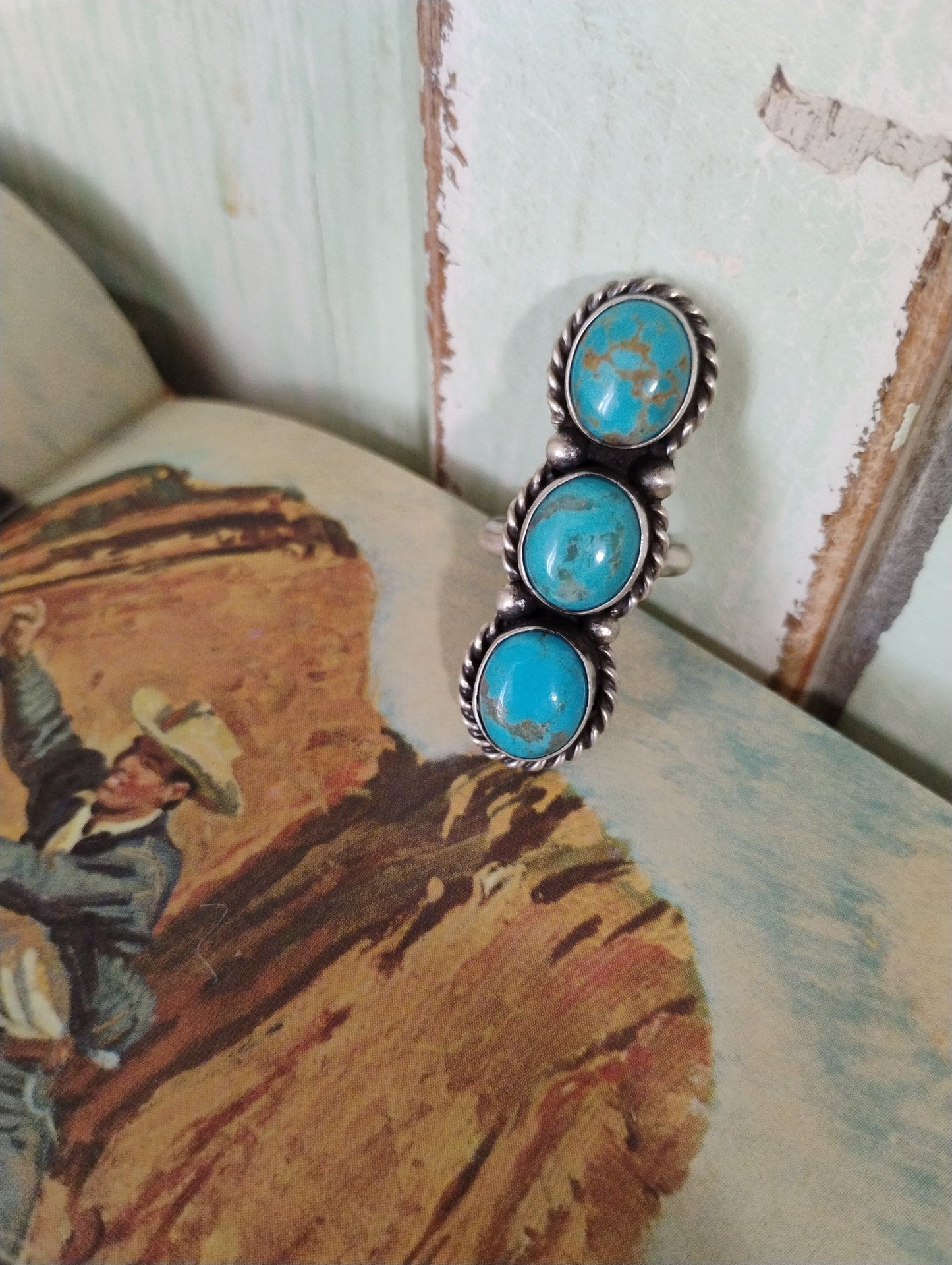 L signed Native Turquoise Crawler Ring