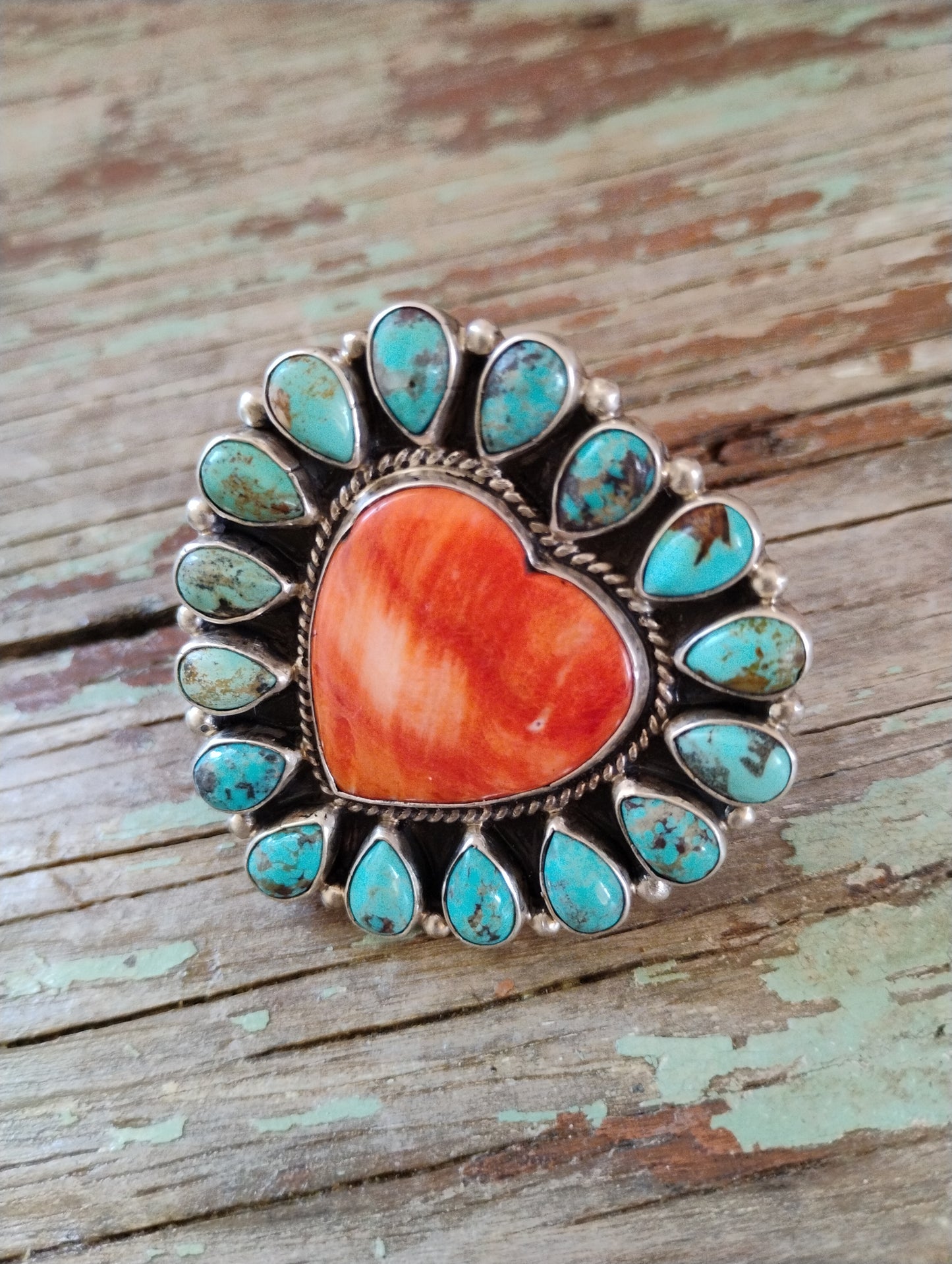 Adjustable Native signed turquoise heart ring