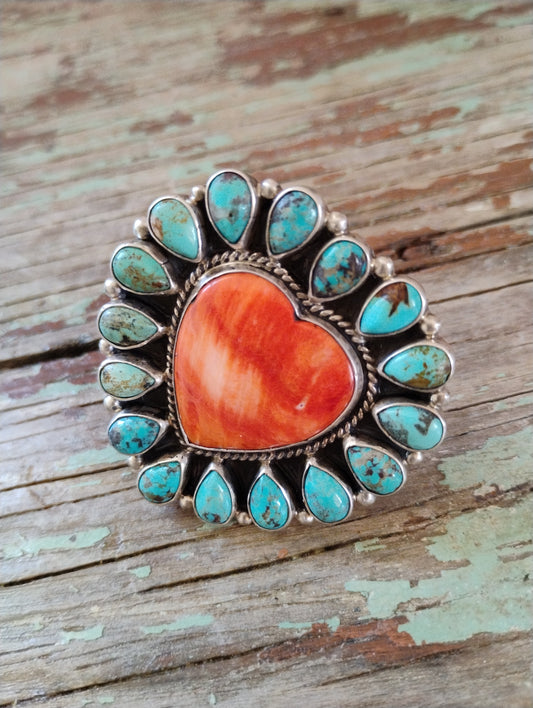 Adjustable Native signed turquoise heart ring