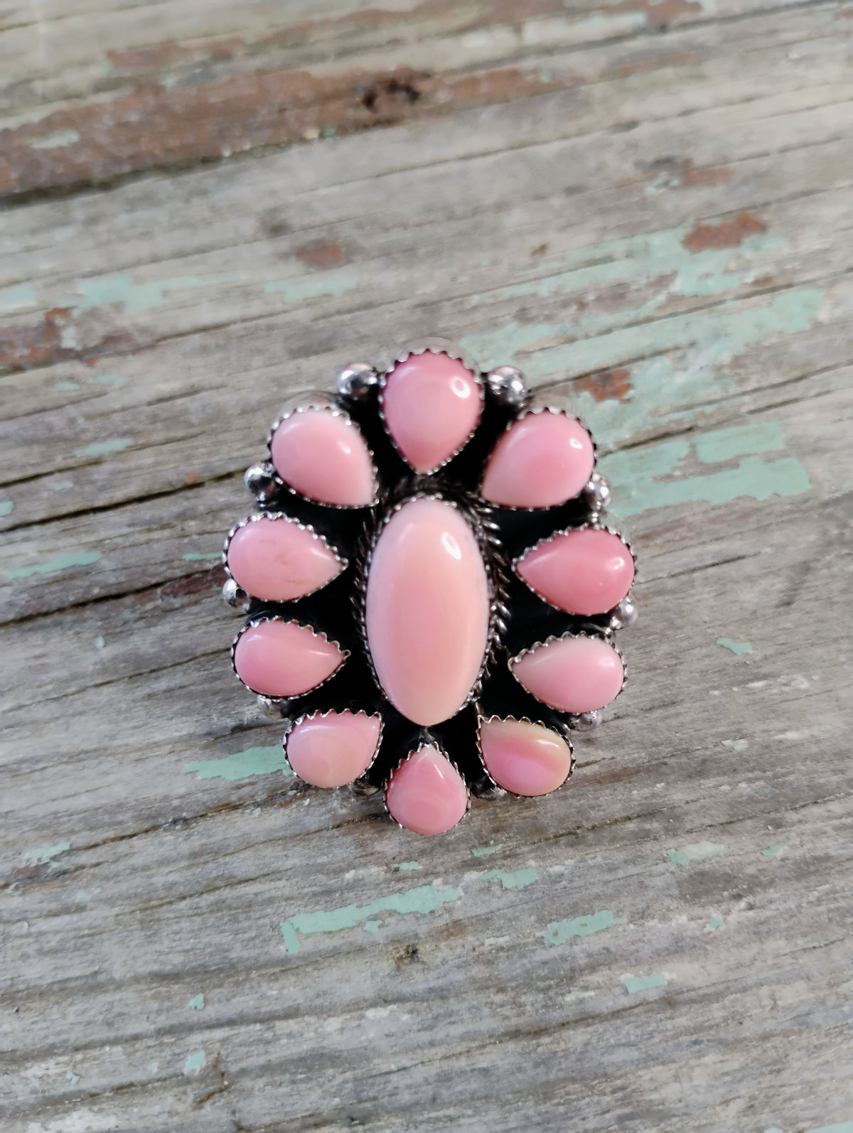 Pink conch cluster ring