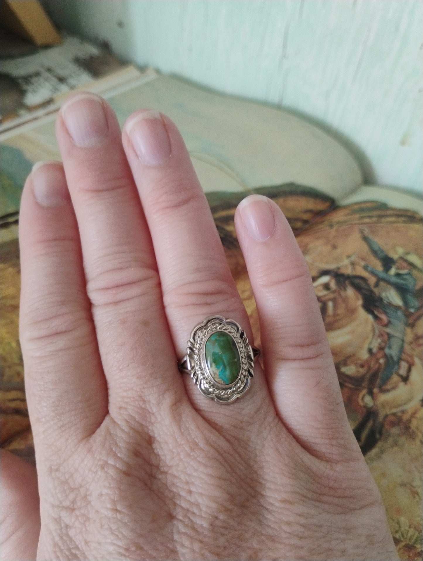 Chee stamped turquoise and sterling silver ring
