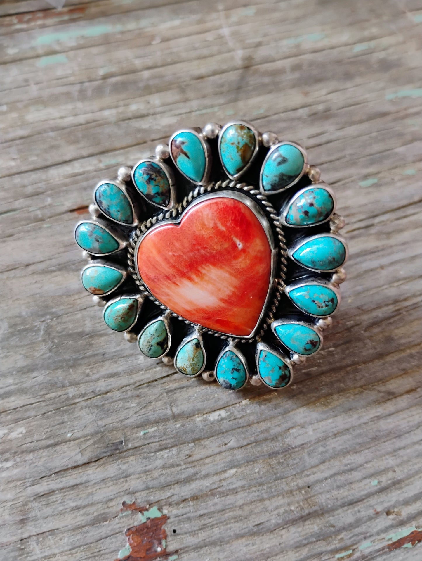 Adjustable Native signed turquoise heart ring